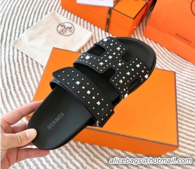 Hot Style Hermes Chypre Flat Sandals in Calfskin with Studs Black/Silver 104085