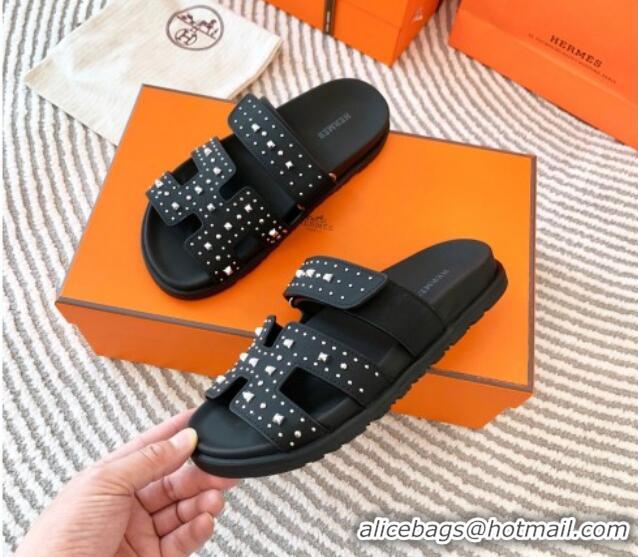 Hot Style Hermes Chypre Flat Sandals in Calfskin with Studs Black/Silver 104085