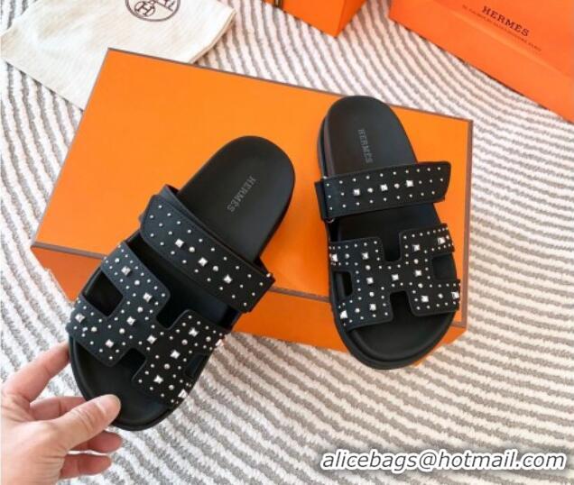 Hot Style Hermes Chypre Flat Sandals in Calfskin with Studs Black/Silver 104085