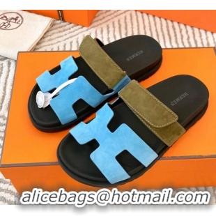 Good Product Hermes Chypre Flat Sandals in Suede Light Blue/Green 0104088