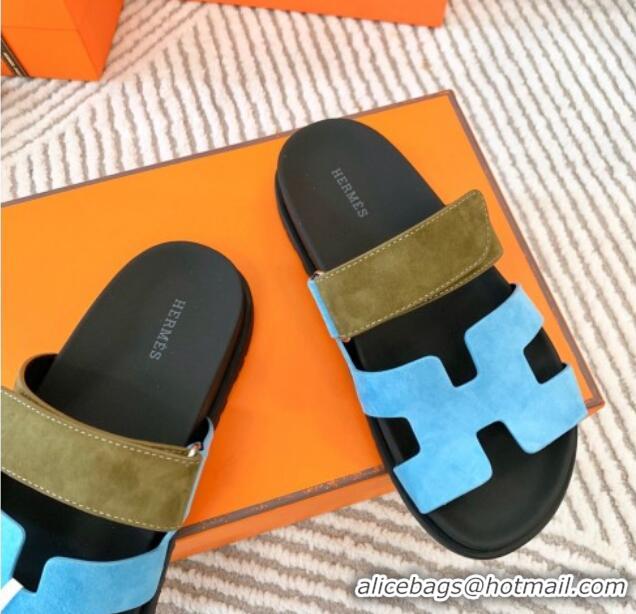 Good Product Hermes Chypre Flat Sandals in Suede Light Blue/Green 0104088