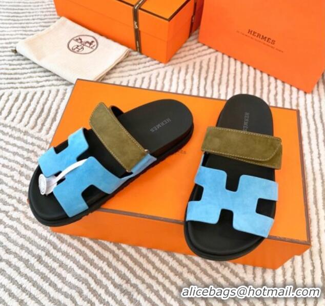 Good Product Hermes Chypre Flat Sandals in Suede Light Blue/Green 0104088