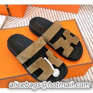 Pretty Style Hermes Chypre Flat Sandals in Suede Light Brown 0104089