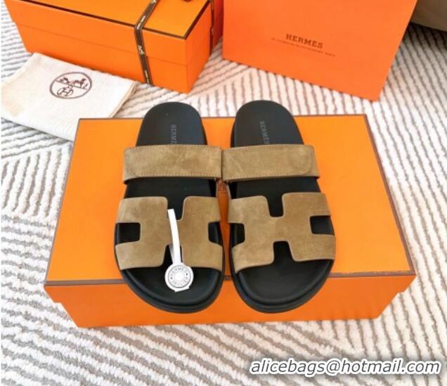 Pretty Style Hermes Chypre Flat Sandals in Suede Light Brown 0104089