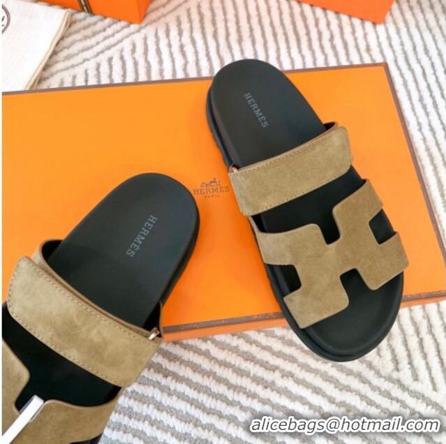 Pretty Style Hermes Chypre Flat Sandals in Suede Light Brown 0104089