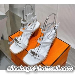 Top Grade Hermes Ivresse Heel SandalS 8.5cm in Calfskin Leather with Medor Studs White 0123002