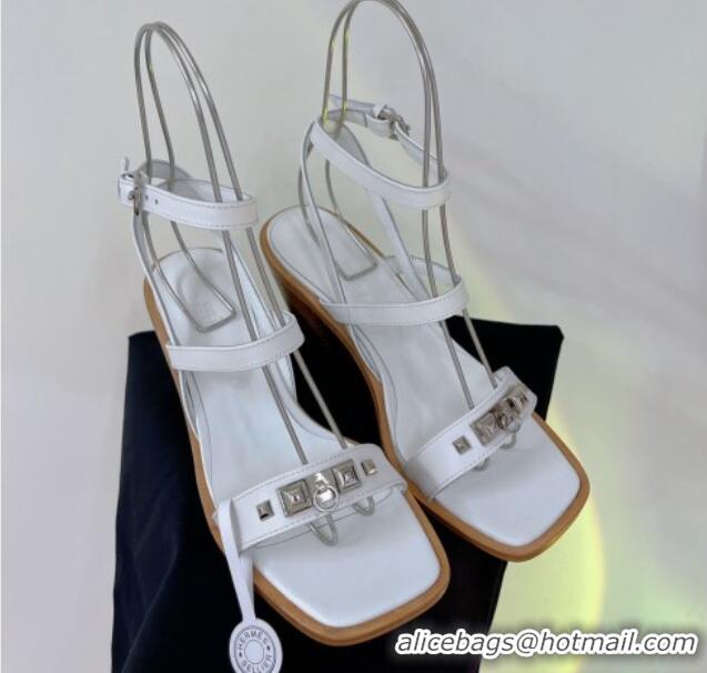 Top Grade Hermes Ivresse Heel SandalS 8.5cm in Calfskin Leather with Medor Studs White 0123002