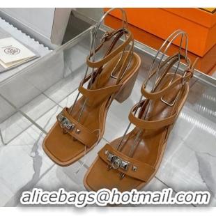 Perfect Hermes Ivresse Heel SandalS 8.5cm in Grained Calfskin with Medor Studs Brown 123003