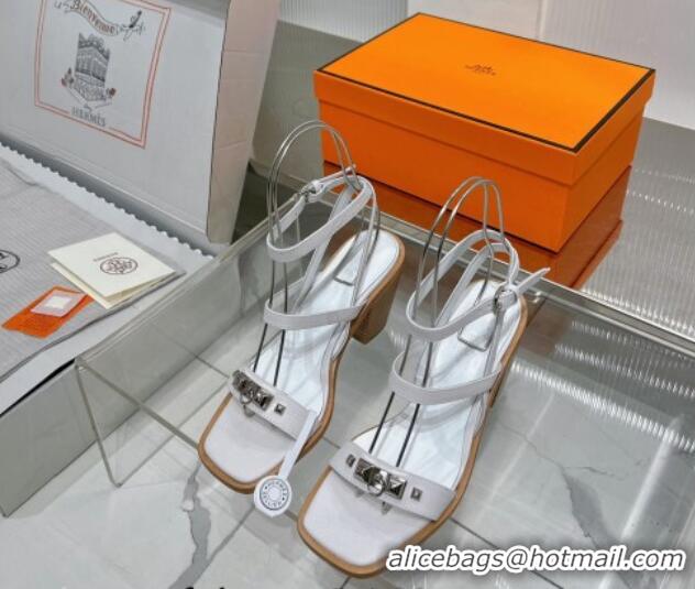 Popular Style Hermes Ivresse Heel SandalS 8.5cm in Grained Calfskin with Medor Studs White 123004