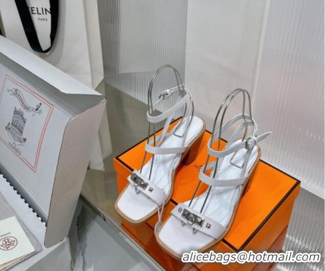 Popular Style Hermes Ivresse Heel SandalS 8.5cm in Grained Calfskin with Medor Studs White 123004