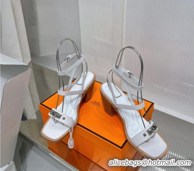 Popular Style Hermes Ivresse Heel SandalS 8.5cm in Grained Calfskin with Medor Studs White 123004