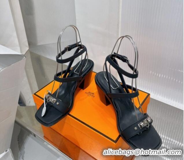 Best Grade Hermes Ivresse Heel SandalS 8.5cm in Grained Calfskin with Medor Studs Black 123005