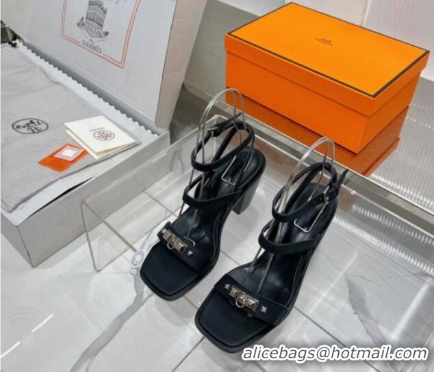 Best Grade Hermes Ivresse Heel SandalS 8.5cm in Grained Calfskin with Medor Studs Black 123005