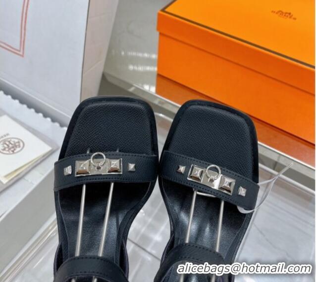 Best Grade Hermes Ivresse Heel SandalS 8.5cm in Grained Calfskin with Medor Studs Black 123005