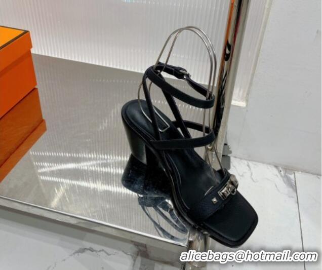 Best Grade Hermes Ivresse Heel SandalS 8.5cm in Grained Calfskin with Medor Studs Black 123005