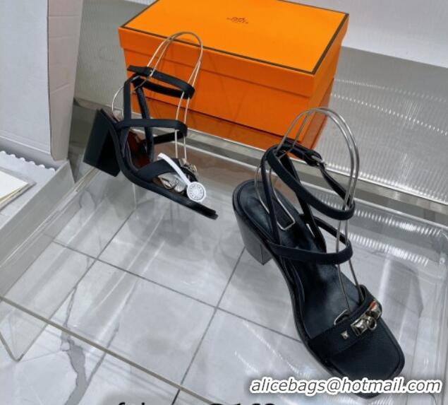 Best Grade Hermes Ivresse Heel SandalS 8.5cm in Grained Calfskin with Medor Studs Black 123005