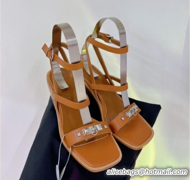 Pretty Style Hermes Ivresse Heel SandalS 8.5cm in Calfskin Leather with Medor Studs Brown 123006