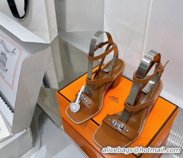 Pretty Style Hermes Ivresse Heel SandalS 8.5cm in Calfskin Leather with Medor Studs Brown 123006