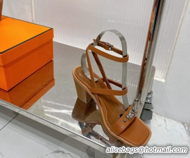 Pretty Style Hermes Ivresse Heel SandalS 8.5cm in Calfskin Leather with Medor Studs Brown 123006