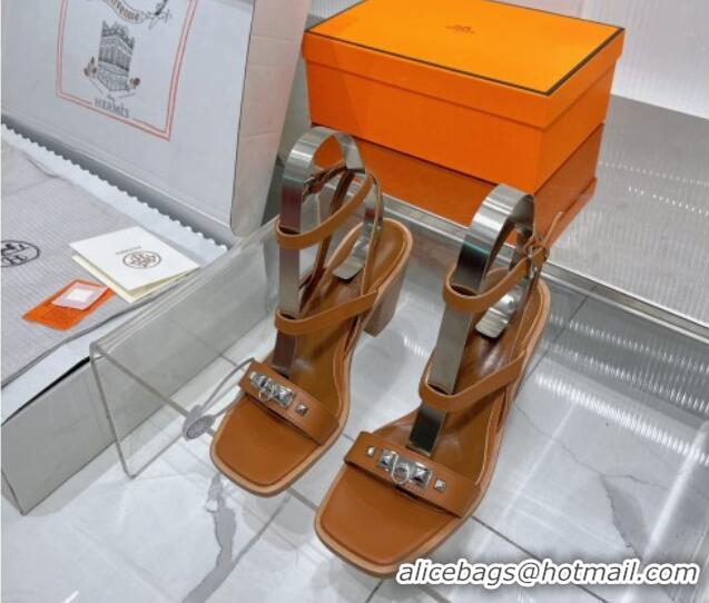 Pretty Style Hermes Ivresse Heel SandalS 8.5cm in Calfskin Leather with Medor Studs Brown 123006