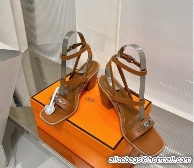 Pretty Style Hermes Ivresse Heel SandalS 8.5cm in Calfskin Leather with Medor Studs Brown 123006