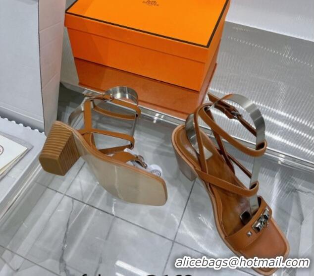 Pretty Style Hermes Ivresse Heel SandalS 8.5cm in Calfskin Leather with Medor Studs Brown 123006