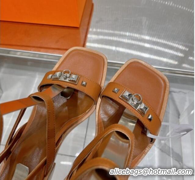 Pretty Style Hermes Ivresse Heel SandalS 8.5cm in Calfskin Leather with Medor Studs Brown 123006