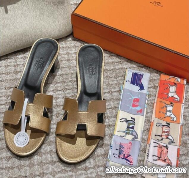 Top Grade Hermes Classic Oasis Heel Slide Sandals 4.5cm in Palm Grained Leather Gold 123007