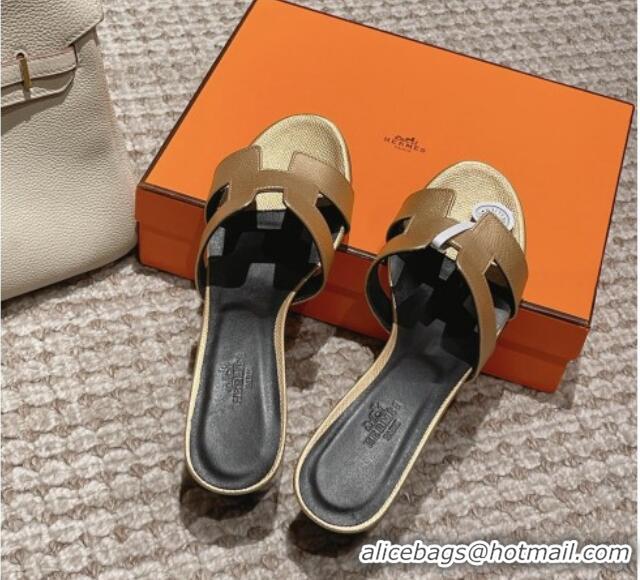 Top Grade Hermes Classic Oasis Heel Slide Sandals 4.5cm in Palm Grained Leather Gold 123007