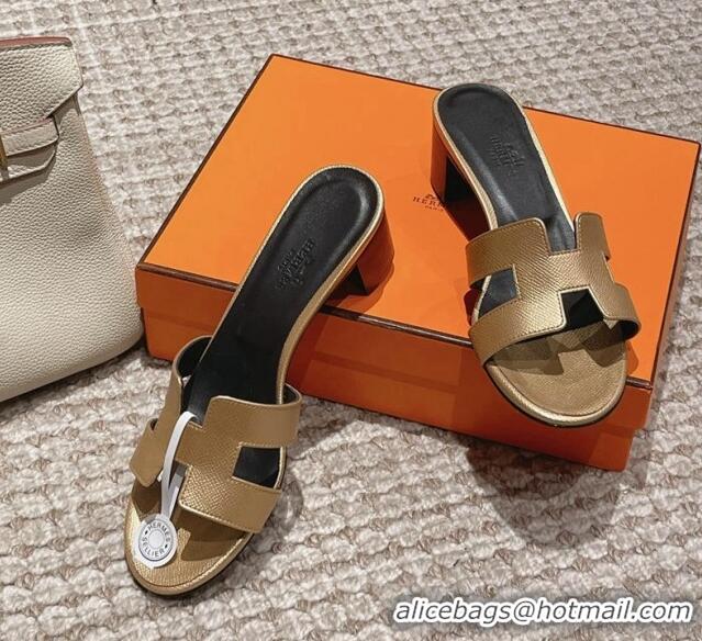 Top Grade Hermes Classic Oasis Heel Slide Sandals 4.5cm in Palm Grained Leather Gold 123007