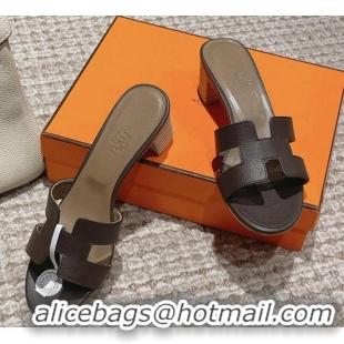 Buy Luxury Hermes Classic Oasis Heel Slide Sandals 4.5cm in Palm Grained Leather Dark Grey 0123010