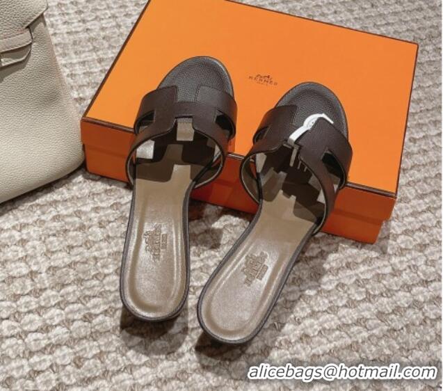 Buy Luxury Hermes Classic Oasis Heel Slide Sandals 4.5cm in Palm Grained Leather Dark Grey 0123010