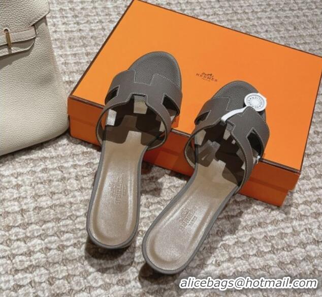 Good Quality Hermes Classic Oasis Heel Slide Sandals 4.5cm in Palm Grained Leather Grey 123012