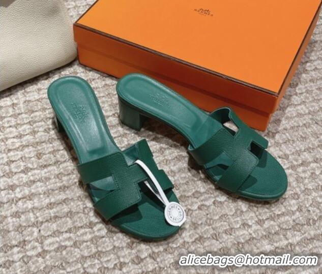 Top Design Hermes Classic Oasis Heel Slide Sandals 4.5cm in Palm Grained Leather Green 123021