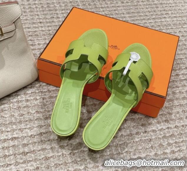 Top Grade Hermes Classic Oasis Heel Slide Sandals 4.5cm in Palm Grained Leather Light Green 123025