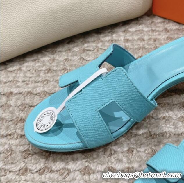 Charming Hermes Classic Oasis Heel Slide Sandals 4.5cm in Palm Grained Leather Blue 123028