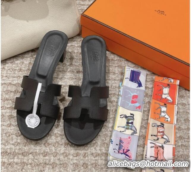 Good Looking Hermes Classic Oasis Heel Slide Sandals 4.5cm in Palm Grained Leather All Black 123029