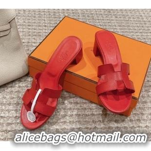 Top Design Hermes Classic Oasis Heel Slide Sandals 4.5cm in Palm Grained Leather Red 123030