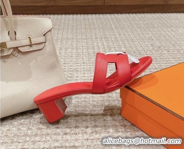 Top Design Hermes Classic Oasis Heel Slide Sandals 4.5cm in Palm Grained Leather Red 123030