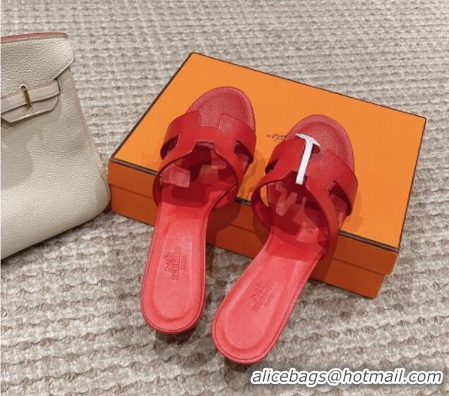 Top Design Hermes Classic Oasis Heel Slide Sandals 4.5cm in Palm Grained Leather Red 123030