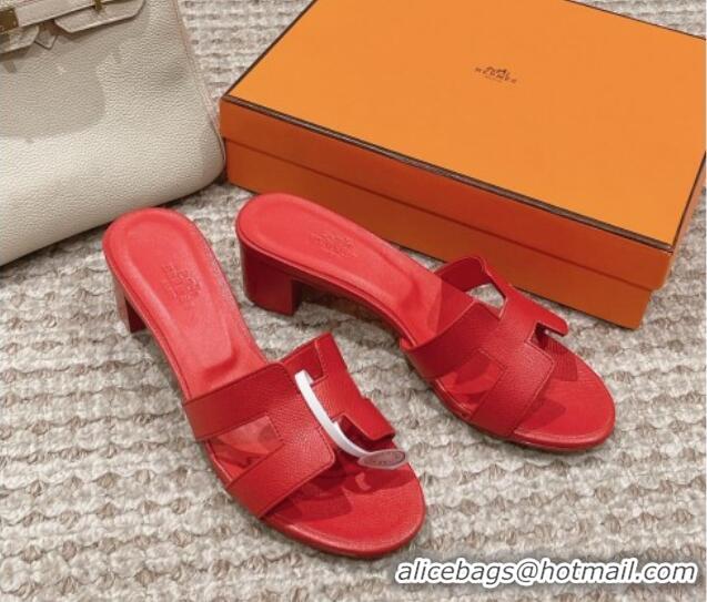 Top Design Hermes Classic Oasis Heel Slide Sandals 4.5cm in Palm Grained Leather Red 123030