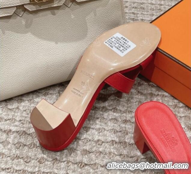 Top Design Hermes Classic Oasis Heel Slide Sandals 4.5cm in Palm Grained Leather Red 123030