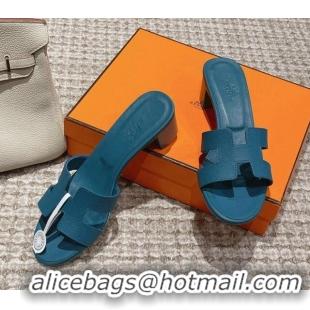 Luxury Cheap Hermes Classic Oasis Heel Slide Sandals 4.5cm in Palm Grained Leather Denim Blue 0123034