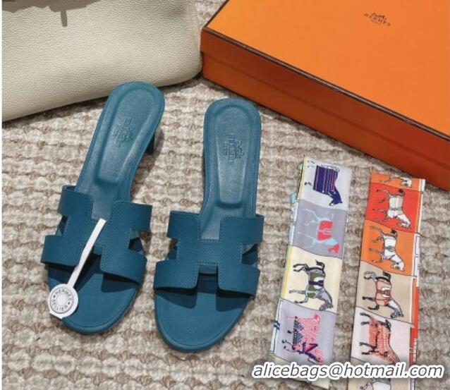 Luxury Cheap Hermes Classic Oasis Heel Slide Sandals 4.5cm in Palm Grained Leather Denim Blue 0123034