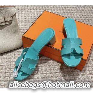 Good Quality Hermes Classic Oasis Heel Slide Sandals 4.5cm in Palm Grained Leather Blue 123036