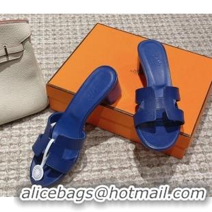 Pretty Style Hermes Classic Oasis Heel Slide Sandals 4.5cm in Palm Grained Leather Blue 123037