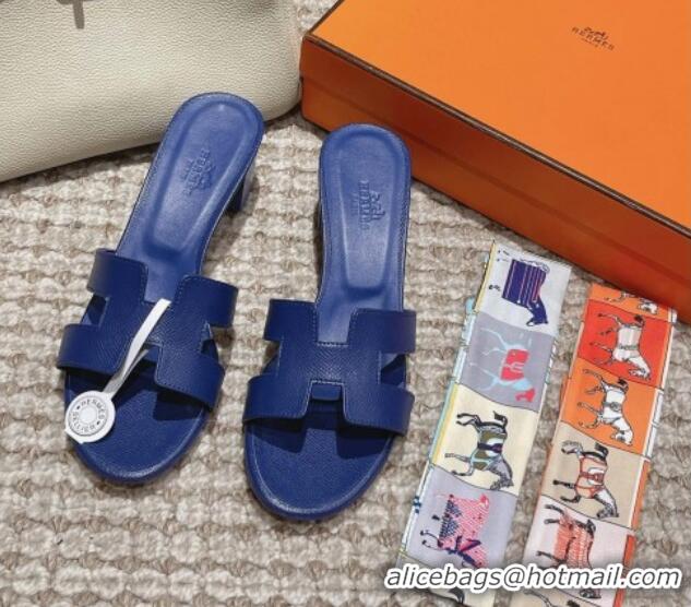 Pretty Style Hermes Classic Oasis Heel Slide Sandals 4.5cm in Palm Grained Leather Blue 123037