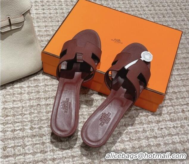 Good Product Hermes Classic Oasis Heel Slide Sandals 4.5cm in Palm Grained Leather Burgundy 123038