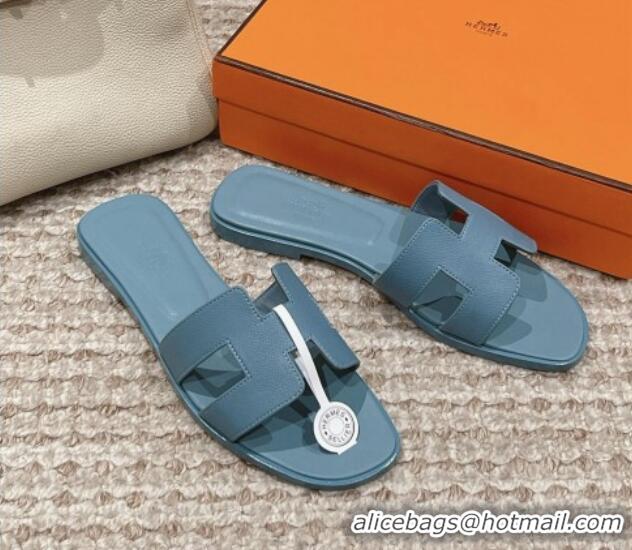 Best Product Hermes Classic Oran Flat Slide Sandals in Palm Grained Leather Blue 123039