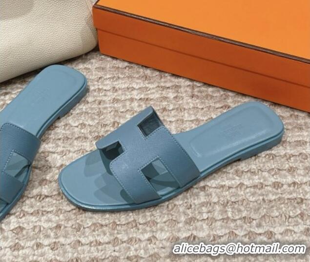 Best Product Hermes Classic Oran Flat Slide Sandals in Palm Grained Leather Blue 123039